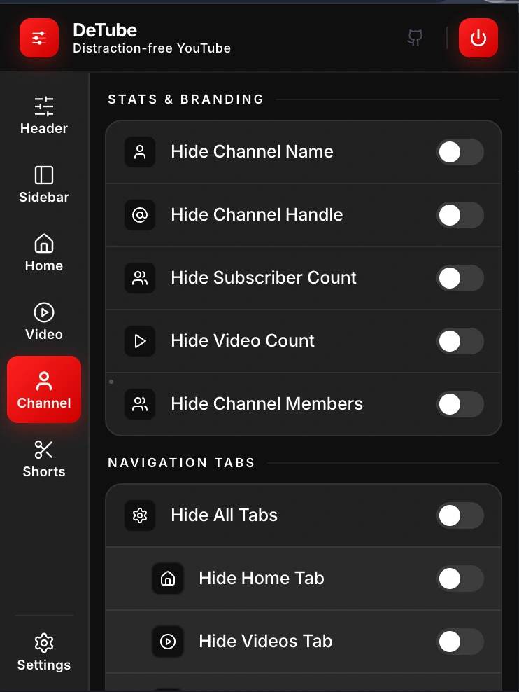 DeTube channel controls