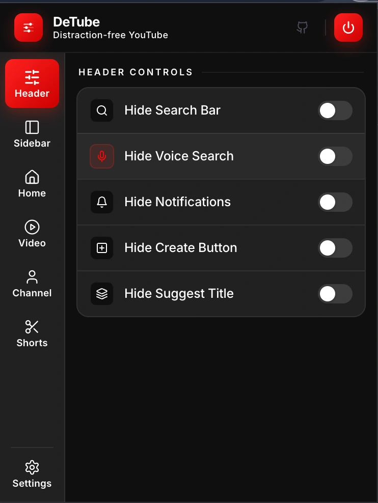DeTube header controls