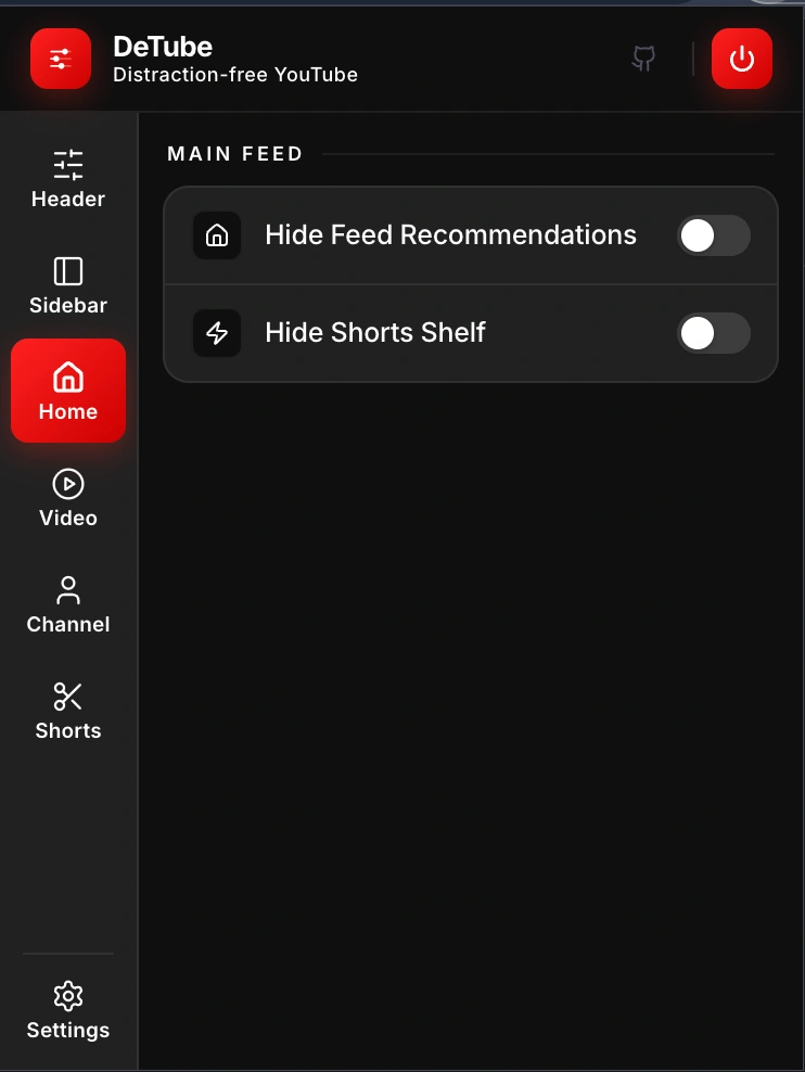 DeTube home feed controls