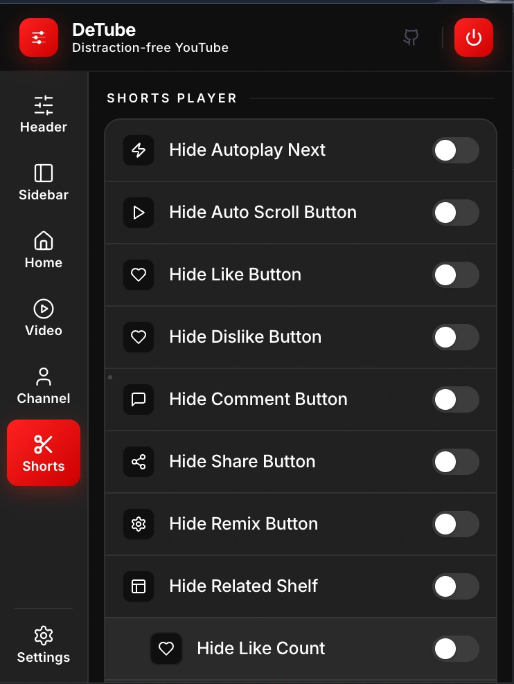 DeTube Shorts controls