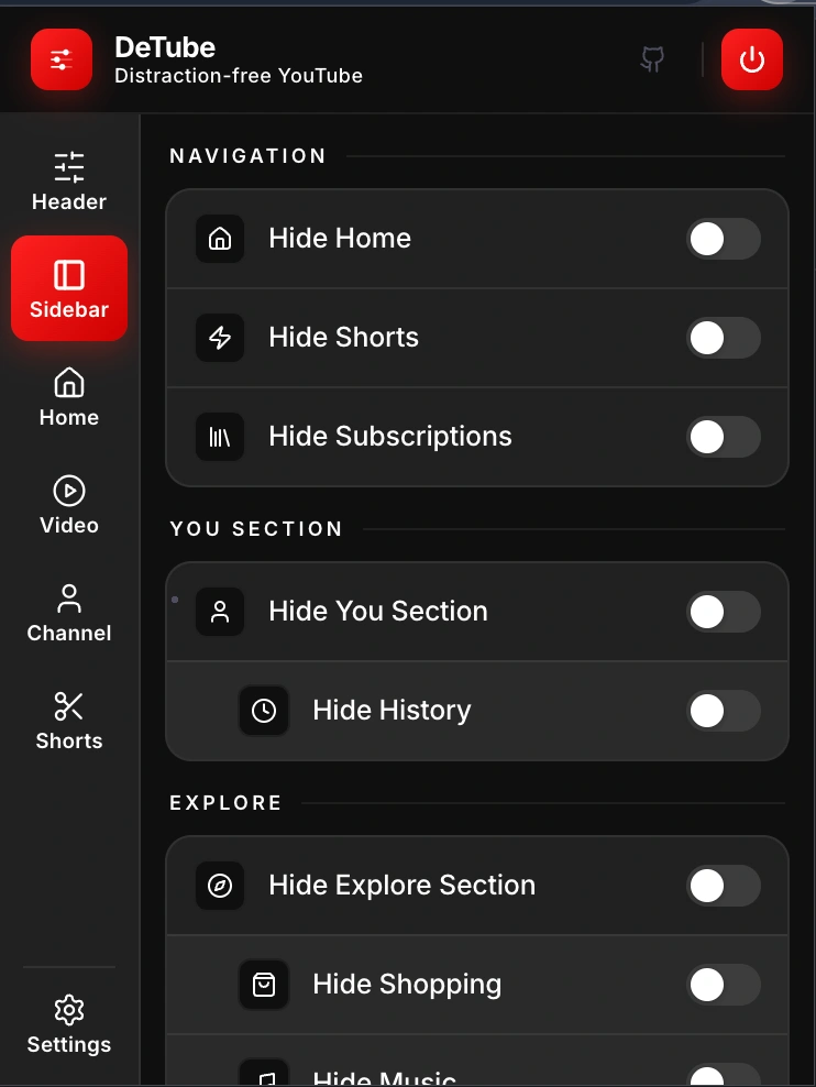 DeTube sidebar controls
