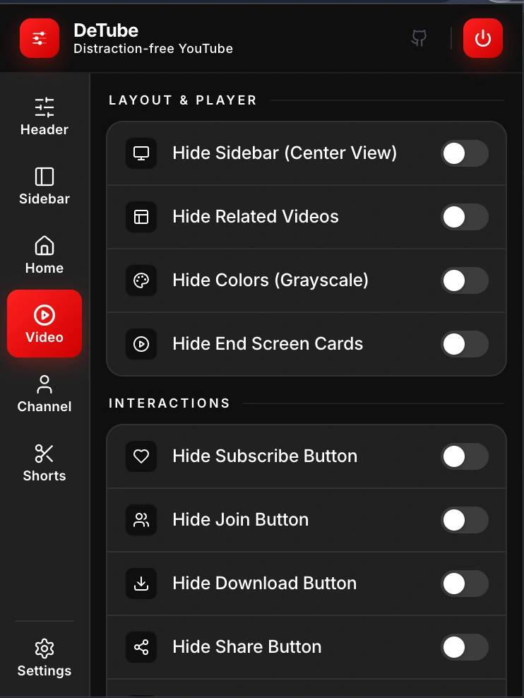 DeTube video page controls